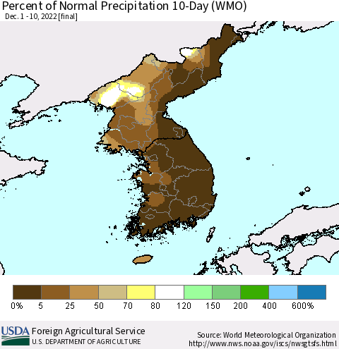Korea Percent of Normal Precipitation 10-Day (WMO) Thematic Map For 12/1/2022 - 12/10/2022