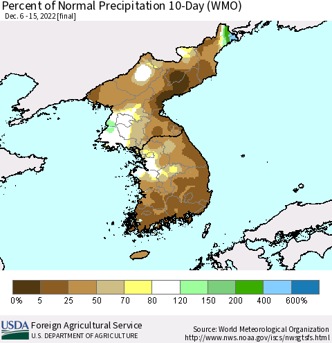 Korea Percent of Normal Precipitation 10-Day (WMO) Thematic Map For 12/6/2022 - 12/15/2022