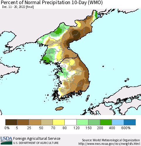 Korea Percent of Normal Precipitation 10-Day (WMO) Thematic Map For 12/11/2022 - 12/20/2022
