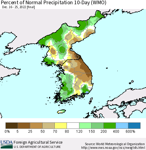 Korea Percent of Normal Precipitation 10-Day (WMO) Thematic Map For 12/16/2022 - 12/25/2022