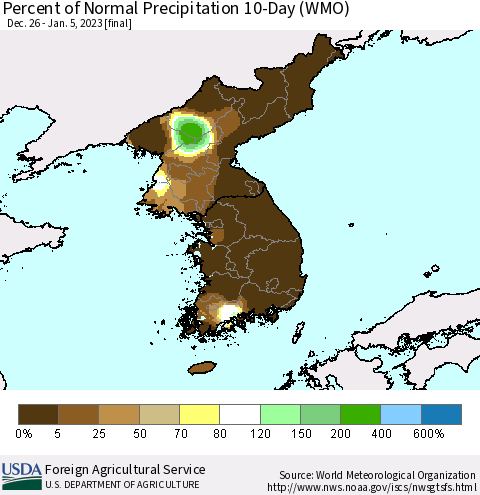Korea Percent of Normal Precipitation 10-Day (WMO) Thematic Map For 12/26/2022 - 1/5/2023