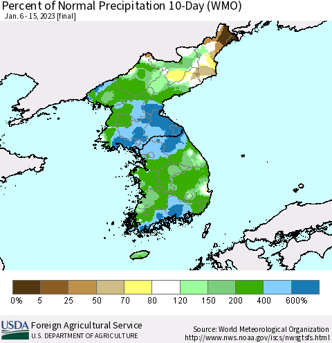 Korea Percent of Normal Precipitation 10-Day (WMO) Thematic Map For 1/6/2023 - 1/15/2023