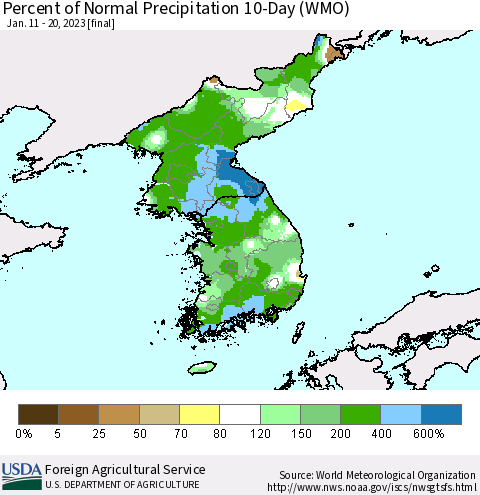 Korea Percent of Normal Precipitation 10-Day (WMO) Thematic Map For 1/11/2023 - 1/20/2023