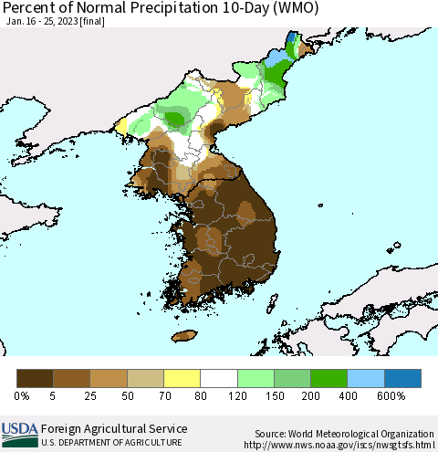 Korea Percent of Normal Precipitation 10-Day (WMO) Thematic Map For 1/16/2023 - 1/25/2023