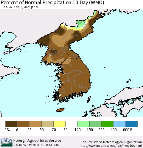 Korea Percent of Normal Precipitation 10-Day (WMO) Thematic Map For 1/26/2023 - 2/5/2023