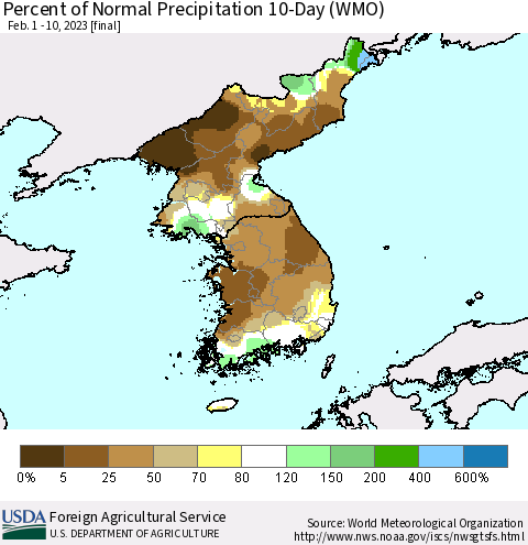 Korea Percent of Normal Precipitation 10-Day (WMO) Thematic Map For 2/1/2023 - 2/10/2023