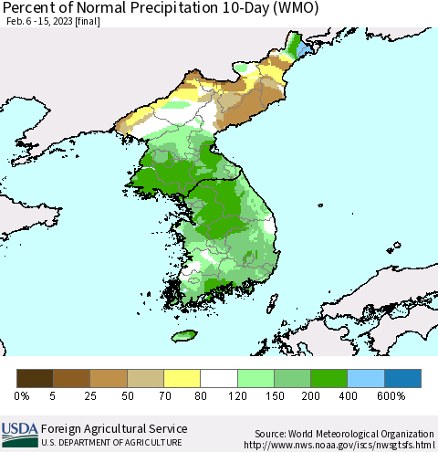 Korea Percent of Normal Precipitation 10-Day (WMO) Thematic Map For 2/6/2023 - 2/15/2023