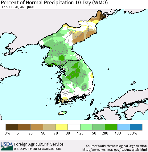 Korea Percent of Normal Precipitation 10-Day (WMO) Thematic Map For 2/11/2023 - 2/20/2023
