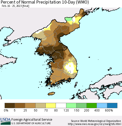 Korea Percent of Normal Precipitation 10-Day (WMO) Thematic Map For 2/16/2023 - 2/25/2023