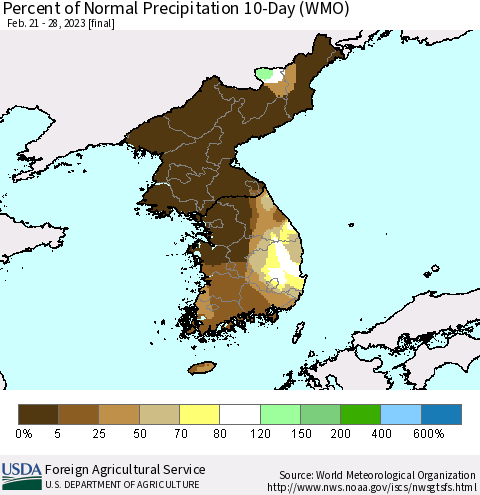 Korea Percent of Normal Precipitation 10-Day (WMO) Thematic Map For 2/21/2023 - 2/28/2023
