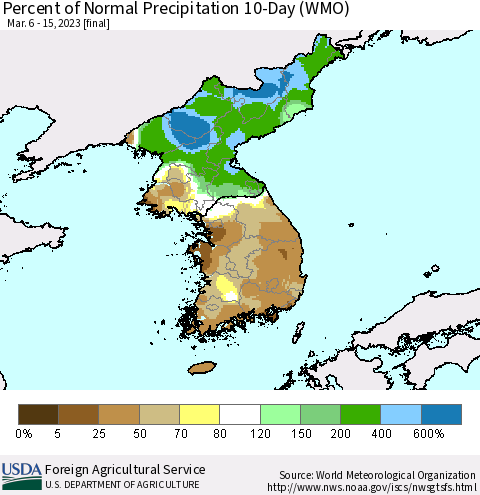 Korea Percent of Normal Precipitation 10-Day (WMO) Thematic Map For 3/6/2023 - 3/15/2023