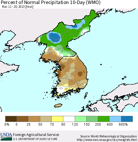 Korea Percent of Normal Precipitation 10-Day (WMO) Thematic Map For 3/11/2023 - 3/20/2023