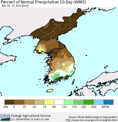 Korea Percent of Normal Precipitation 10-Day (WMO) Thematic Map For 3/16/2023 - 3/25/2023