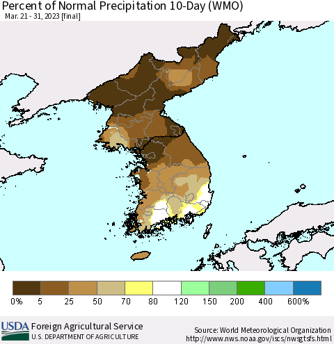 Korea Percent of Normal Precipitation 10-Day (WMO) Thematic Map For 3/21/2023 - 3/31/2023