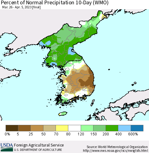 Korea Percent of Normal Precipitation 10-Day (WMO) Thematic Map For 3/26/2023 - 4/5/2023