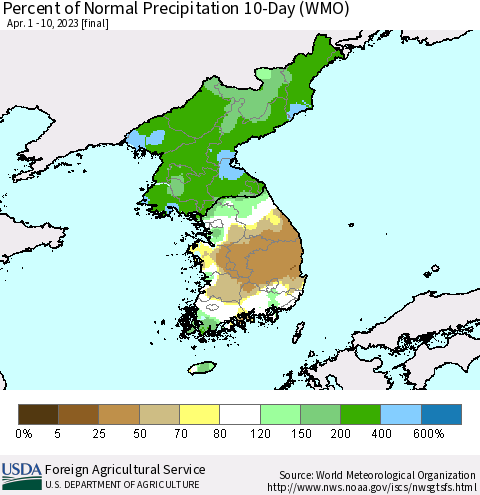 Korea Percent of Normal Precipitation 10-Day (WMO) Thematic Map For 4/1/2023 - 4/10/2023