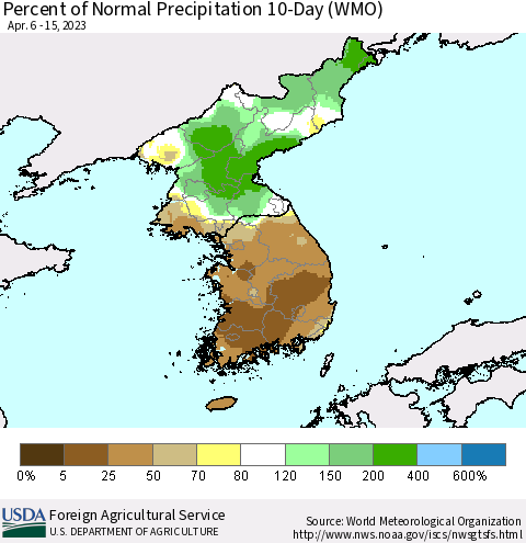 Korea Percent of Normal Precipitation 10-Day (WMO) Thematic Map For 4/6/2023 - 4/15/2023
