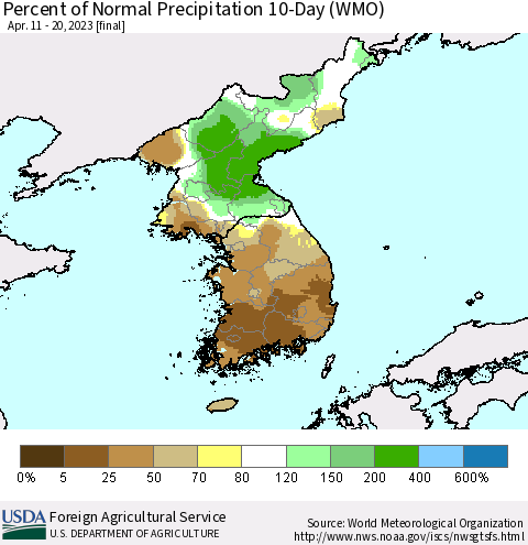 Korea Percent of Normal Precipitation 10-Day (WMO) Thematic Map For 4/11/2023 - 4/20/2023