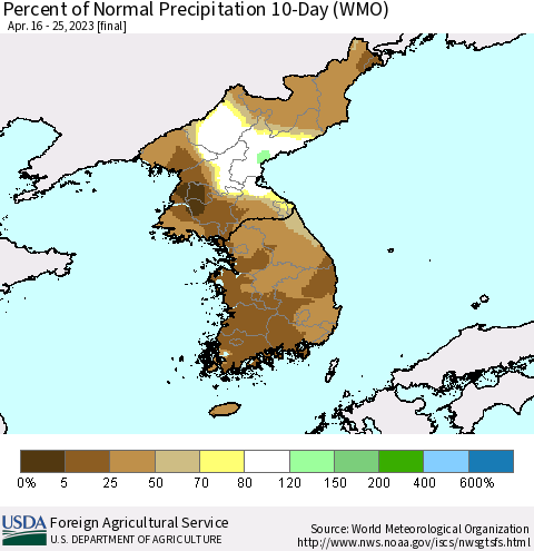 Korea Percent of Normal Precipitation 10-Day (WMO) Thematic Map For 4/16/2023 - 4/25/2023