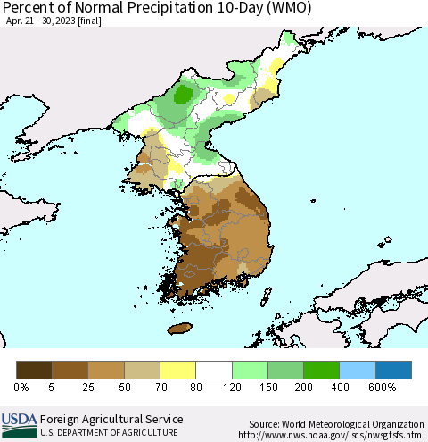 Korea Percent of Normal Precipitation 10-Day (WMO) Thematic Map For 4/21/2023 - 4/30/2023