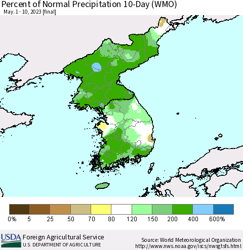 Korea Percent of Normal Precipitation 10-Day (WMO) Thematic Map For 5/1/2023 - 5/10/2023