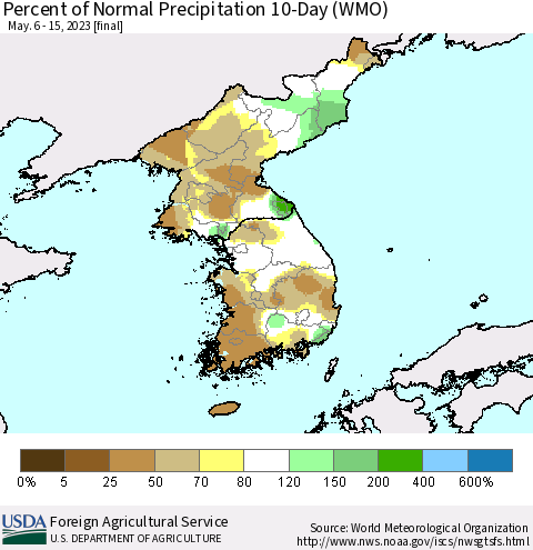 Korea Percent of Normal Precipitation 10-Day (WMO) Thematic Map For 5/6/2023 - 5/15/2023