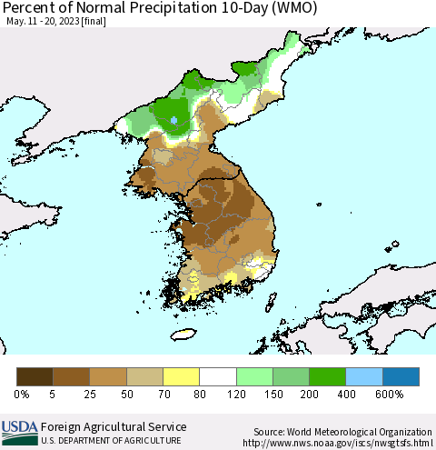 Korea Percent of Normal Precipitation 10-Day (WMO) Thematic Map For 5/11/2023 - 5/20/2023