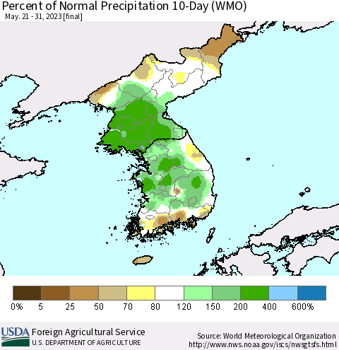 Korea Percent of Normal Precipitation 10-Day (WMO) Thematic Map For 5/21/2023 - 5/31/2023