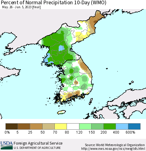 Korea Percent of Normal Precipitation 10-Day (WMO) Thematic Map For 5/26/2023 - 6/5/2023