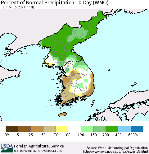 Korea Percent of Normal Precipitation 10-Day (WMO) Thematic Map For 6/6/2023 - 6/15/2023