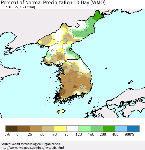 Korea Percent of Normal Precipitation 10-Day (WMO) Thematic Map For 6/16/2023 - 6/25/2023