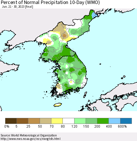 Korea Percent of Normal Precipitation 10-Day (WMO) Thematic Map For 6/21/2023 - 6/30/2023