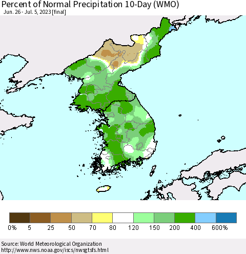 Korea Percent of Normal Precipitation 10-Day (WMO) Thematic Map For 6/26/2023 - 7/5/2023