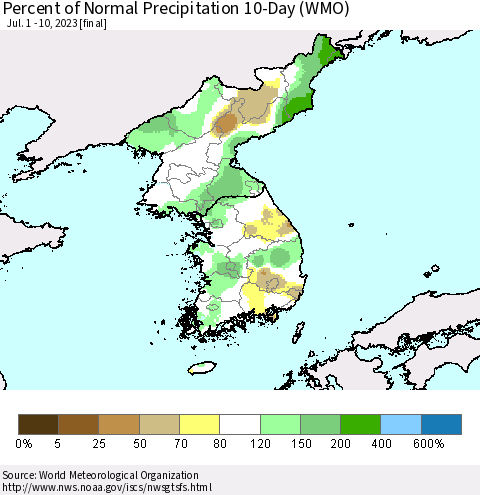 Korea Percent of Normal Precipitation 10-Day (WMO) Thematic Map For 7/1/2023 - 7/10/2023
