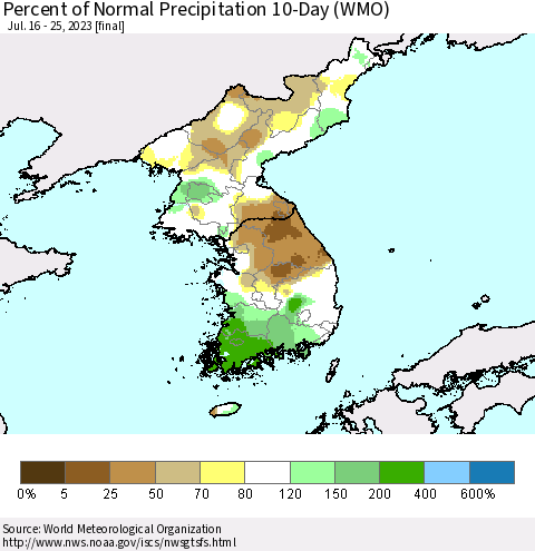 Korea Percent of Normal Precipitation 10-Day (WMO) Thematic Map For 7/16/2023 - 7/25/2023
