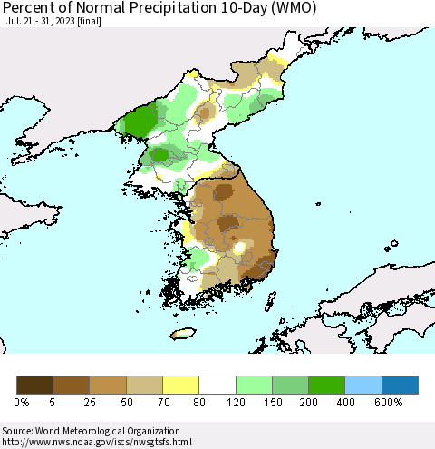 Korea Percent of Normal Precipitation 10-Day (WMO) Thematic Map For 7/21/2023 - 7/31/2023
