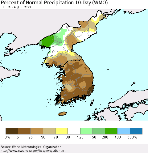 Korea Percent of Normal Precipitation 10-Day (WMO) Thematic Map For 7/26/2023 - 8/5/2023