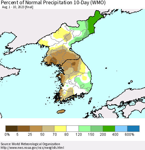 Korea Percent of Normal Precipitation 10-Day (WMO) Thematic Map For 8/1/2023 - 8/10/2023