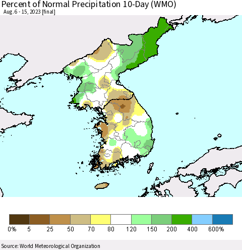 Korea Percent of Normal Precipitation 10-Day (WMO) Thematic Map For 8/6/2023 - 8/15/2023