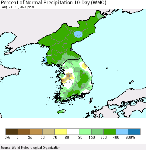Korea Percent of Normal Precipitation 10-Day (WMO) Thematic Map For 8/21/2023 - 8/31/2023