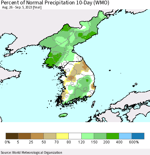 Korea Percent of Normal Precipitation 10-Day (WMO) Thematic Map For 8/26/2023 - 9/5/2023