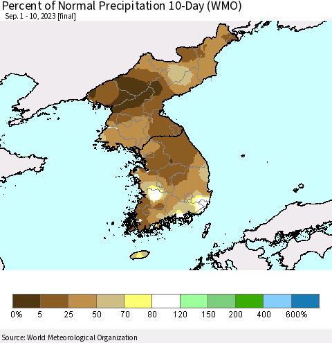 Korea Percent of Normal Precipitation 10-Day (WMO) Thematic Map For 9/1/2023 - 9/10/2023