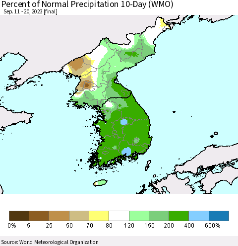 Korea Percent of Normal Precipitation 10-Day (WMO) Thematic Map For 9/11/2023 - 9/20/2023