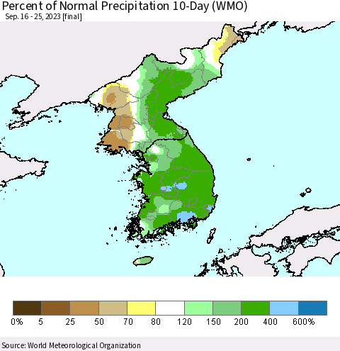Korea Percent of Normal Precipitation 10-Day (WMO) Thematic Map For 9/16/2023 - 9/25/2023