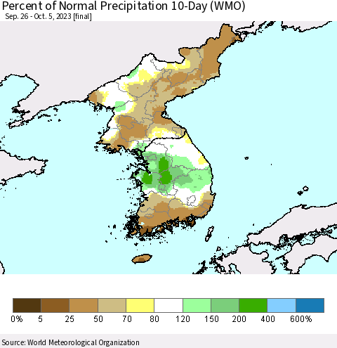 Korea Percent of Normal Precipitation 10-Day (WMO) Thematic Map For 9/26/2023 - 10/5/2023
