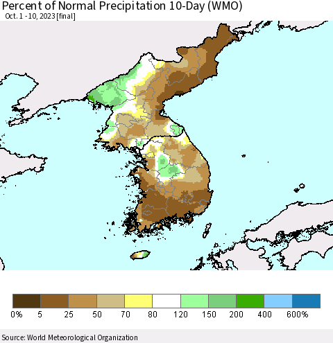 Korea Percent of Normal Precipitation 10-Day (WMO) Thematic Map For 10/1/2023 - 10/10/2023