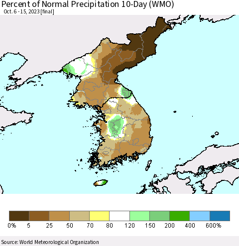 Korea Percent of Normal Precipitation 10-Day (WMO) Thematic Map For 10/6/2023 - 10/15/2023