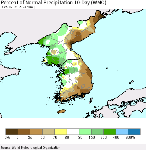 Korea Percent of Normal Precipitation 10-Day (WMO) Thematic Map For 10/16/2023 - 10/25/2023