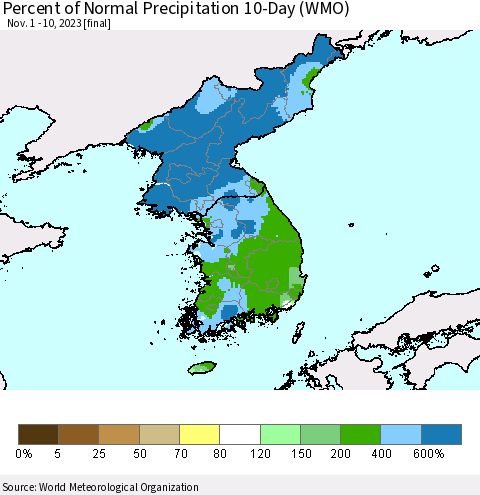 Korea Percent of Normal Precipitation 10-Day (WMO) Thematic Map For 11/1/2023 - 11/10/2023
