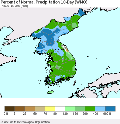 Korea Percent of Normal Precipitation 10-Day (WMO) Thematic Map For 11/6/2023 - 11/15/2023